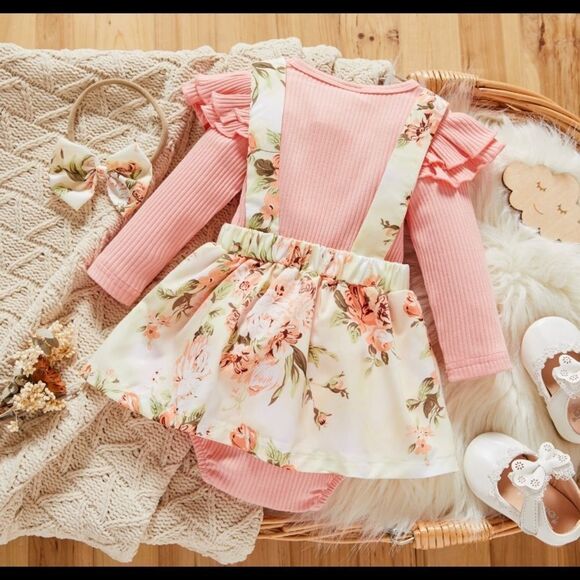 NEW Size 3-6 months 2 pc long sleeved pink ribbed romper floral bow and ruffles - Picture 2 of 5